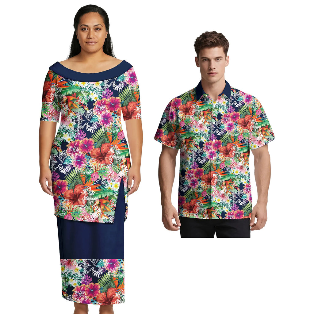 Asia & Pacific Islands Couple Clothing Custom Aloha Women Fashion Skirts Samoan Casual Men Shirts Tribal Matching Couple Outfits