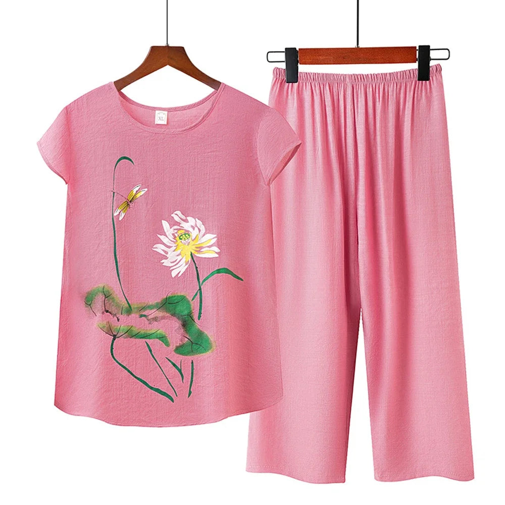 Middle-aged elderly women's short-sleeved t-shirt mother suit loose large size cotton linen two-piece suit 2025 new women set