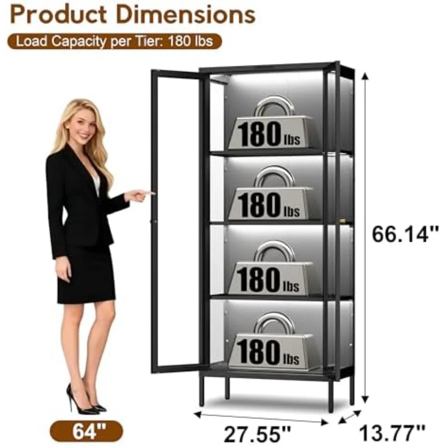 Display Cabinet with Glass Doors, Glass Display Cabinet with 8 Color LED Lights, Curio Display Cabinet with 3 Shelves