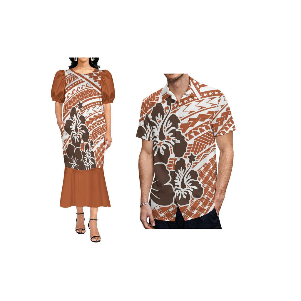 Custom Pacific Isalnd Design Couple Clothing Micronesia Muumuu Dress Women Fishtail Mumu Dress and Hard Collar Men Casual Shirt