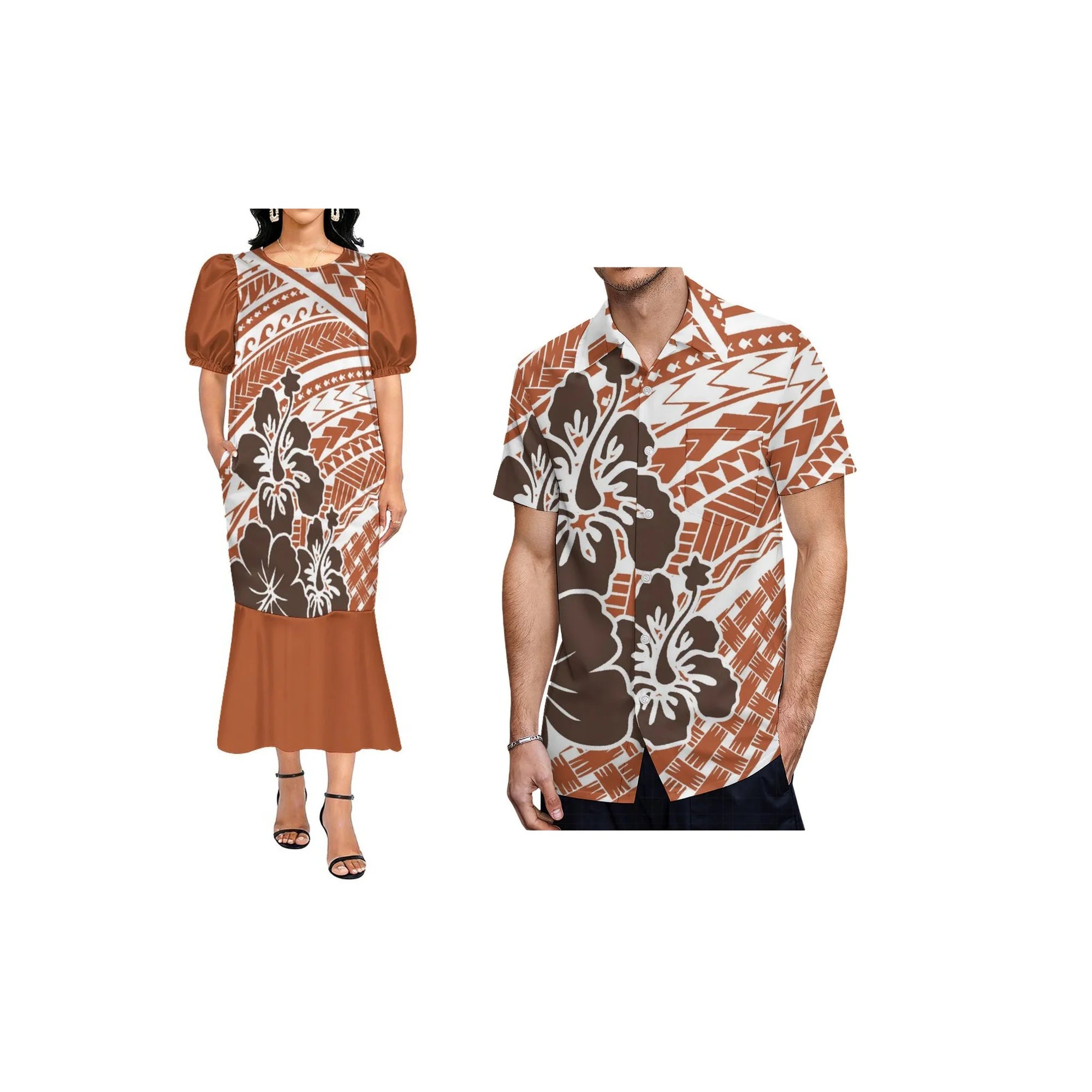 Custom Pacific Isalnd Design Couple Clothing Micronesia Muumuu Dress Women Fishtail Mumu Dress and Hard Collar Men Casual Shirt