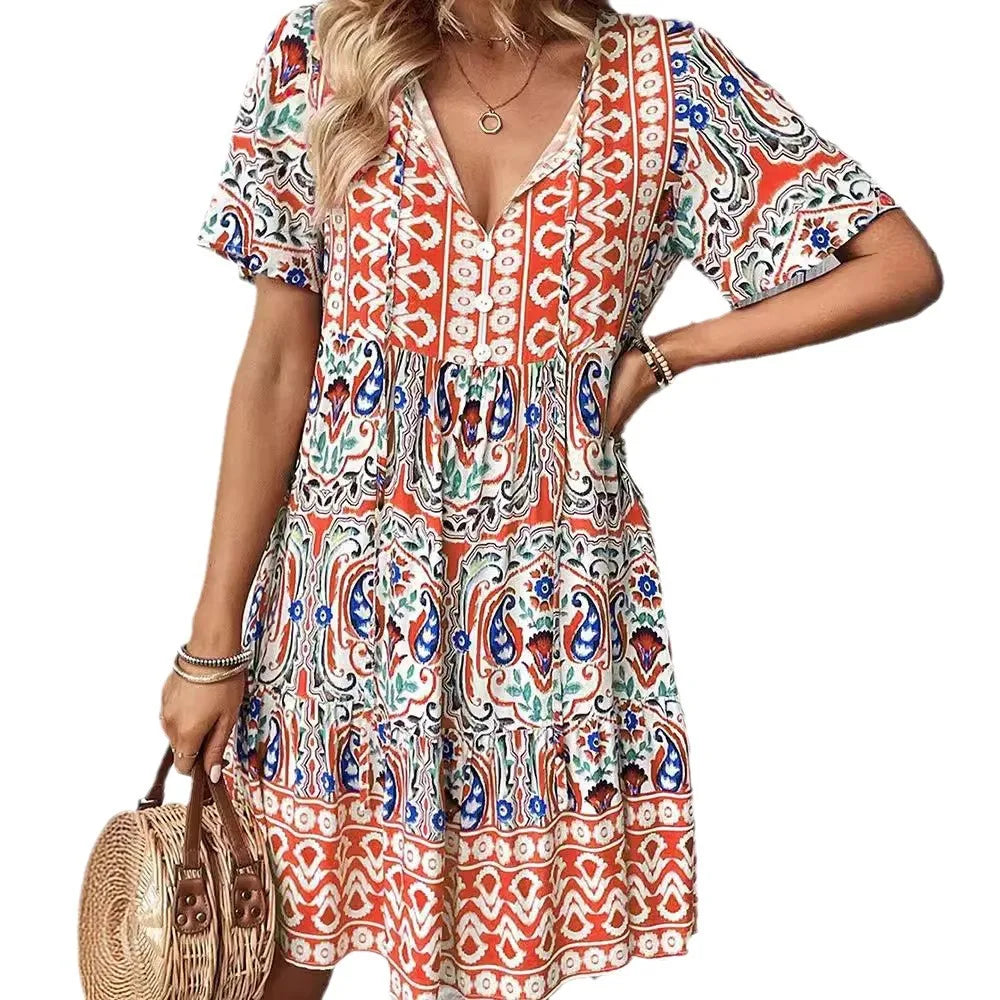 2026 Women's Clothing Floral Short Sleeve Loose Sexy Spring Summer Bohemian Casual Dress
