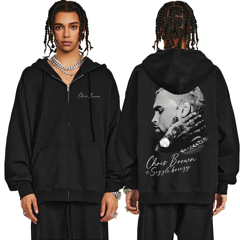Rapper Chris Brown Hip Hop Fashion Zipper Hoodie Breezy Bowl XX Tour 2025 Zip Up Jacket Men Casual Retro Loose Zip Up Sweatshirt
