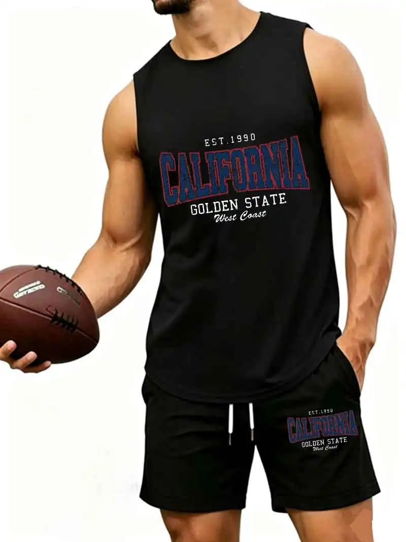 Men's "California Golden State EST.1990" Print 2-Piece Sleeveless Tank Top & Shorts Set, Casual West Coast Style Athletic Tracks