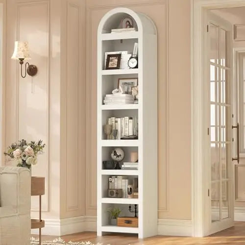 81" Tall Arched Cabinets,Bookcase with storage,Mid-Century Modern 6-Tier Bookshelf with Door,2 Book Risers and
