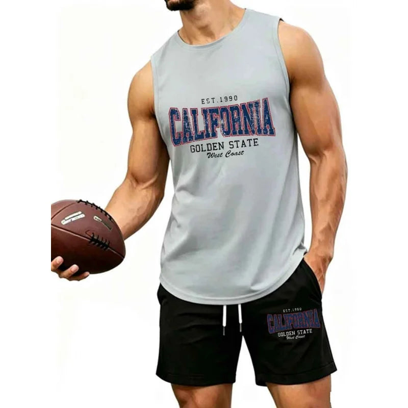 Men's "California Golden State EST.1990" Print 2-Piece Sleeveless Tank Top & Shorts Set, Casual West Coast Style Athletic Tracks