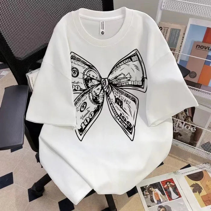 Summer Fashion Trendy Bow Printing Round Neck T-shirt Short Sleeve Large Size Universal Top for Men and Women