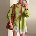 Chic Women Office Shirt Set Casual Lace Patchwork Single Breasted Long Sleeve Lapel Female Blouse Short Pant Summer Streetwear