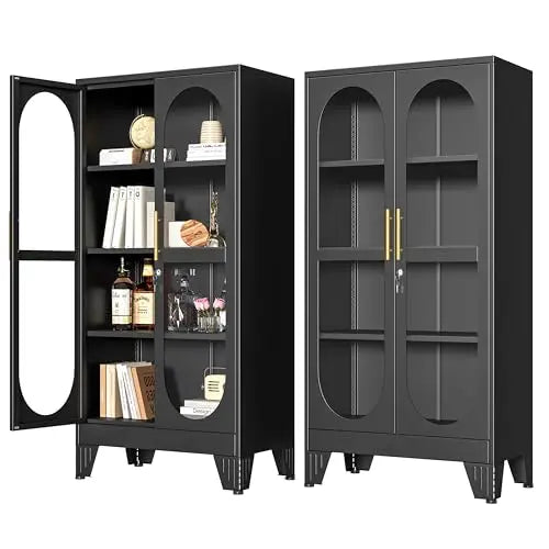 61" Black Pantry Storage Cabinet, Kitchen Pantry Cabinet with Acrylic Glass Doors and Shelves, with Adjustable Leveling