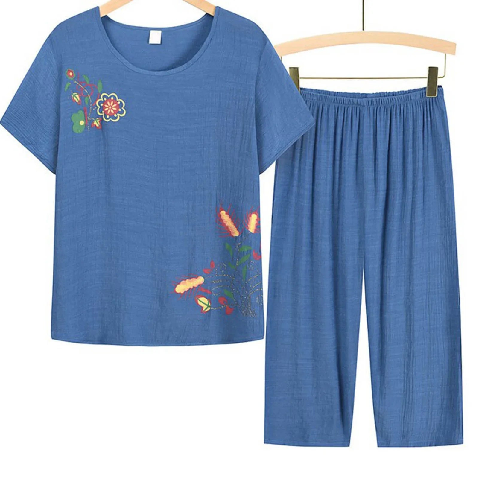 Middle-aged elderly women's short-sleeved t-shirt mother suit loose large size cotton linen two-piece suit 2025 new women set