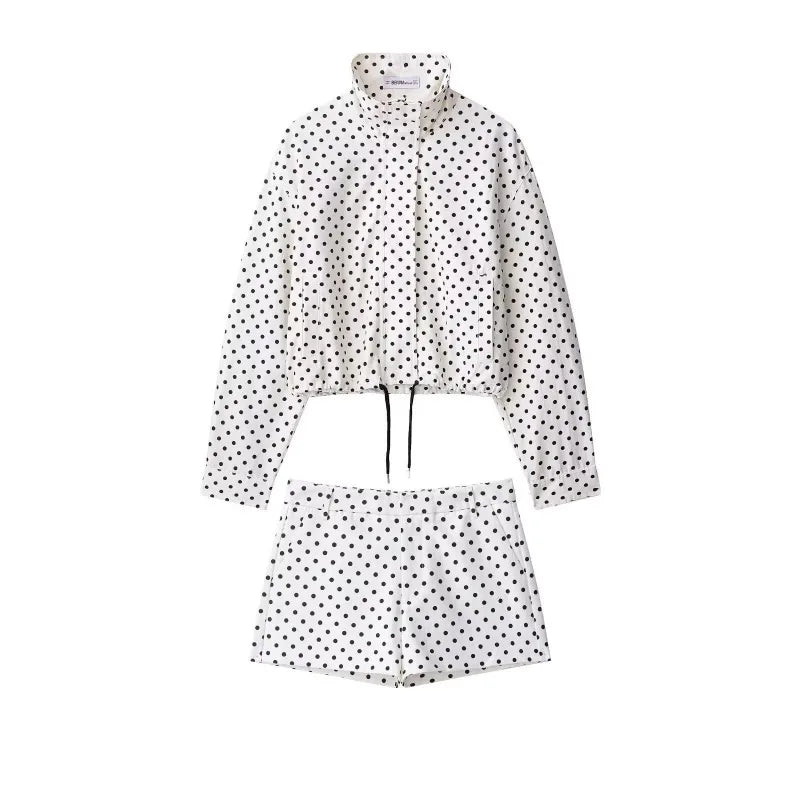 Cross-border European and American Women's Clothing AliExpress Bestseller Fashion Polka Dot Peffle-tulle Coat + Mini Shorts Set