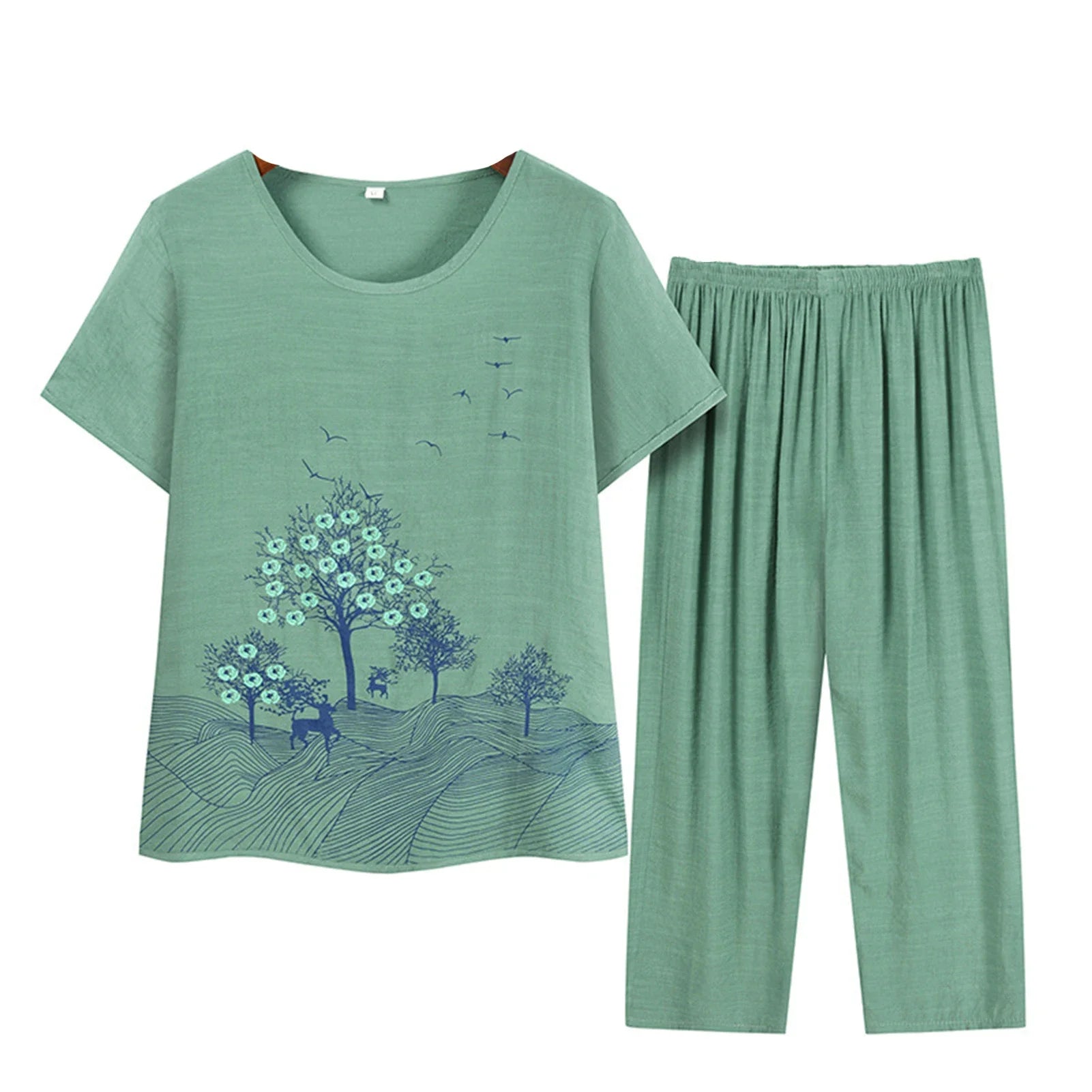 Middle-aged elderly women's short-sleeved t-shirt mother suit loose large size cotton linen two-piece suit 2025 new women set