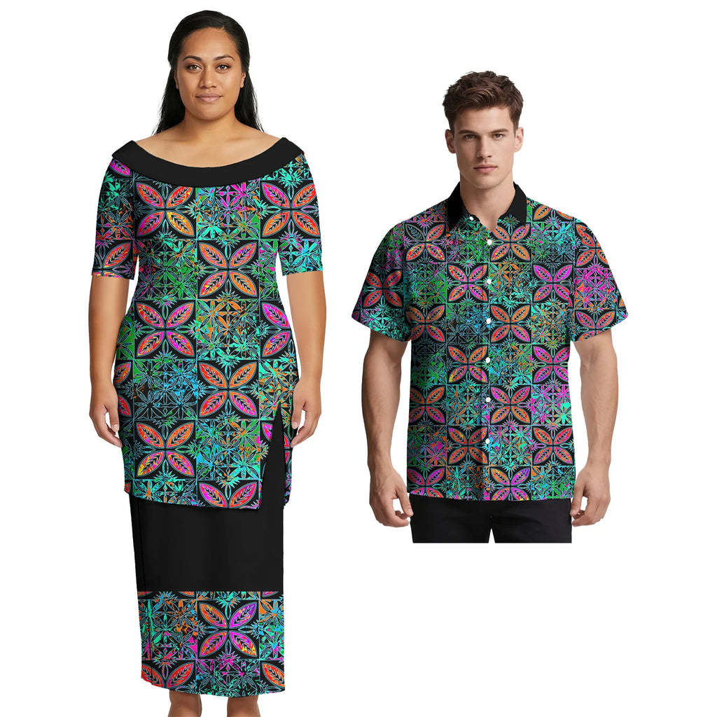 Asia & Pacific Islands Couple Clothing Custom Aloha Women Fashion Skirts Samoan Casual Men Shirts Tribal Matching Couple Outfits