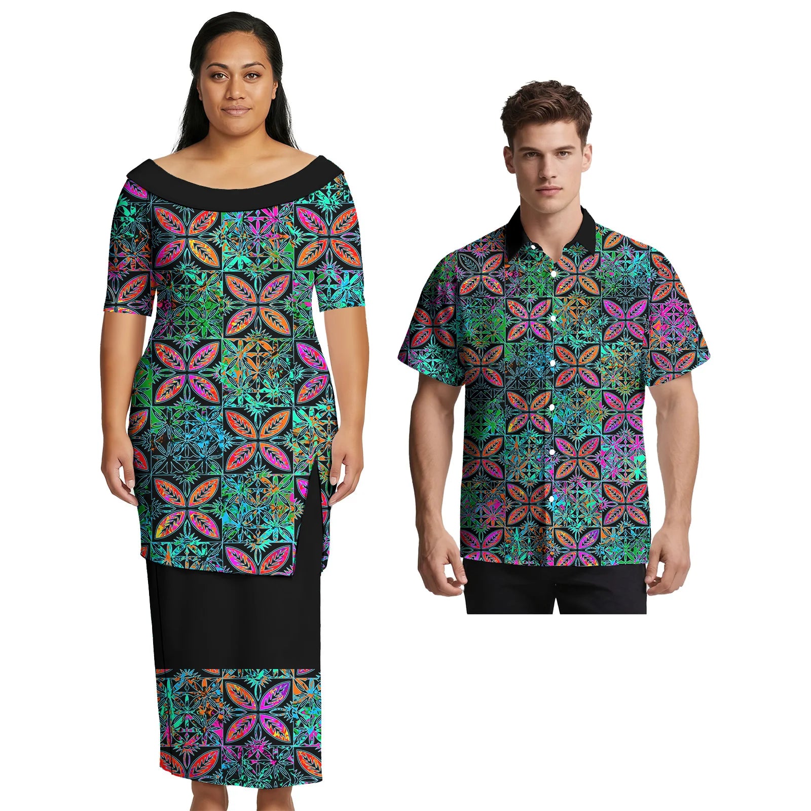 Asia & Pacific Islands Couple Clothing Custom Aloha Women Fashion Skirts Samoan Casual Men Shirts Tribal Matching Couple Outfits
