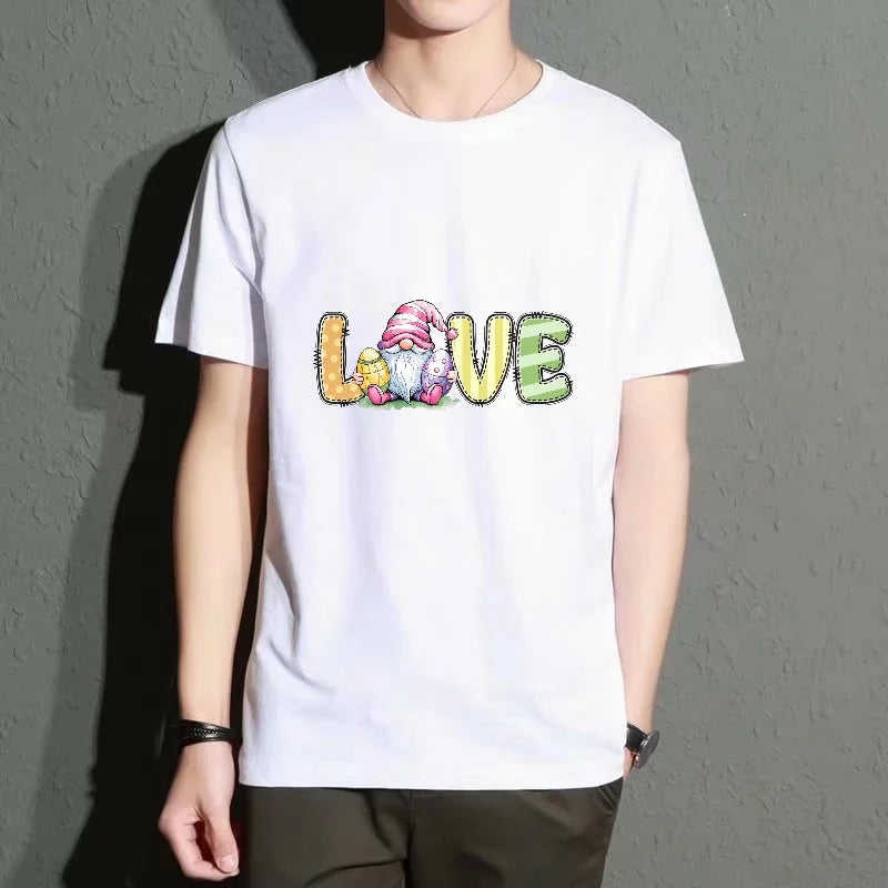 Men's Black Round-Neck Short-Sleeved T-Shirt Love Letter Print Top, Casual Everyday Versatile Street Style, Comfortable and Breathable Polyester Fabric
