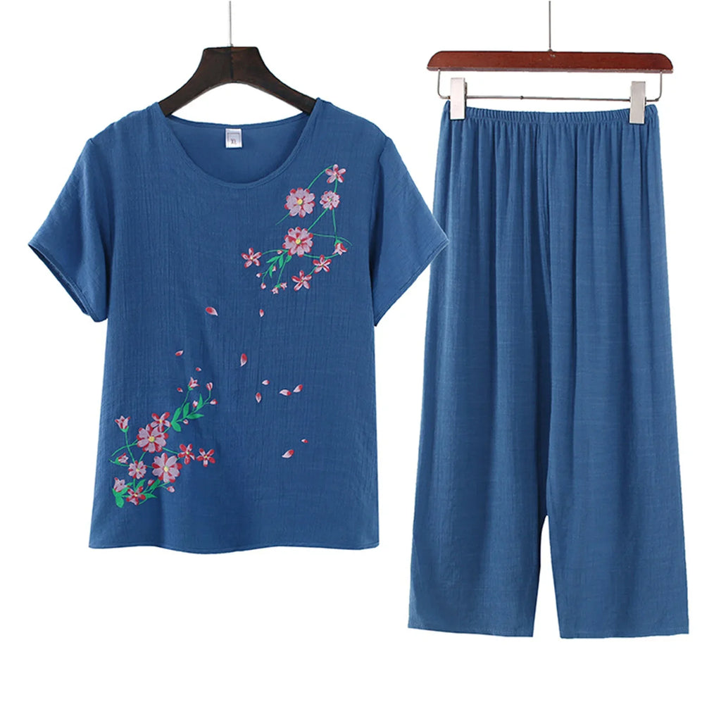 Middle-aged elderly women's short-sleeved t-shirt mother suit loose large size cotton linen two-piece suit 2025 new women set