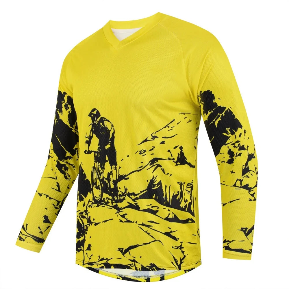 Men's Outdoor Mountain Bike Print Long-Sleeve Sports T-Shirt Breathable V-Neck for Cycling Fitness Daily Wear
