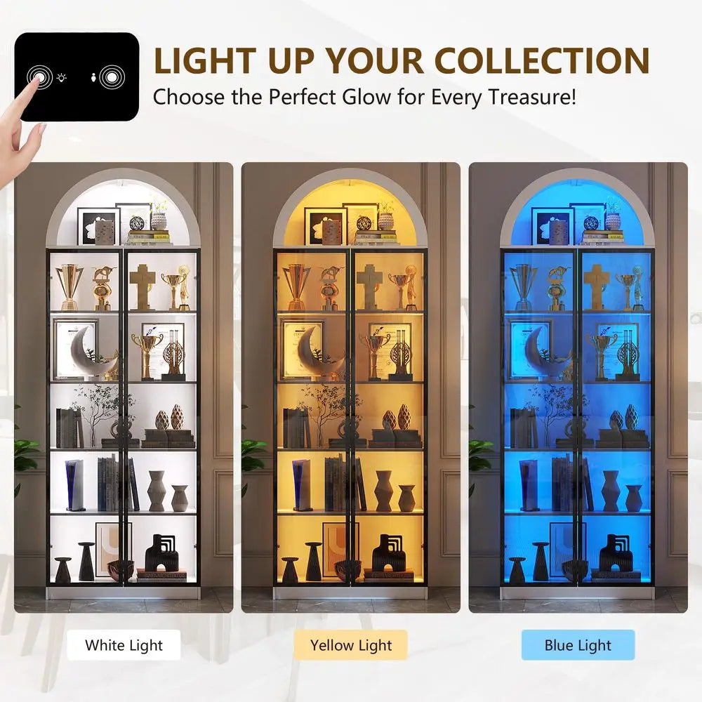 Arched Display Cabinet with Doors, 76 Tall Curio Cabinet with Adjustable Shelves 3 Colors LED Lights, 6 Tier Display Case for C