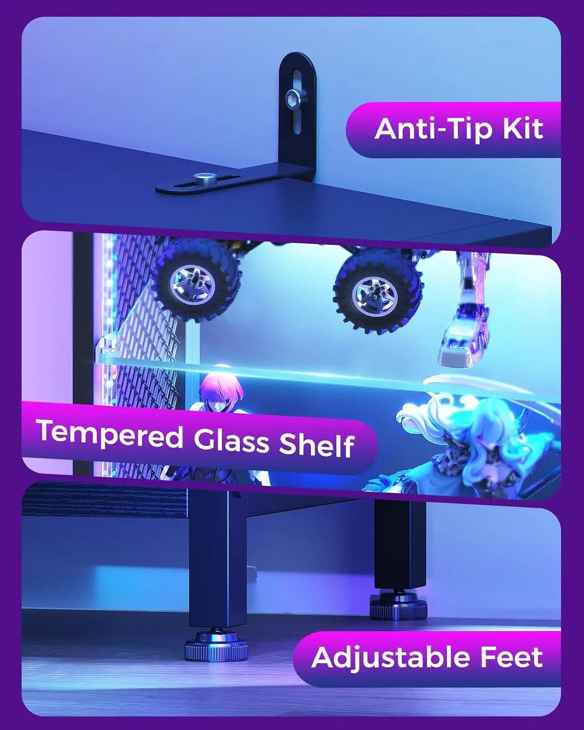 72" Tall Display Case with LED Lights, Corner Display Cabinet with Open Glass Shelves, 5-Tier Display Shelf with, Customized
