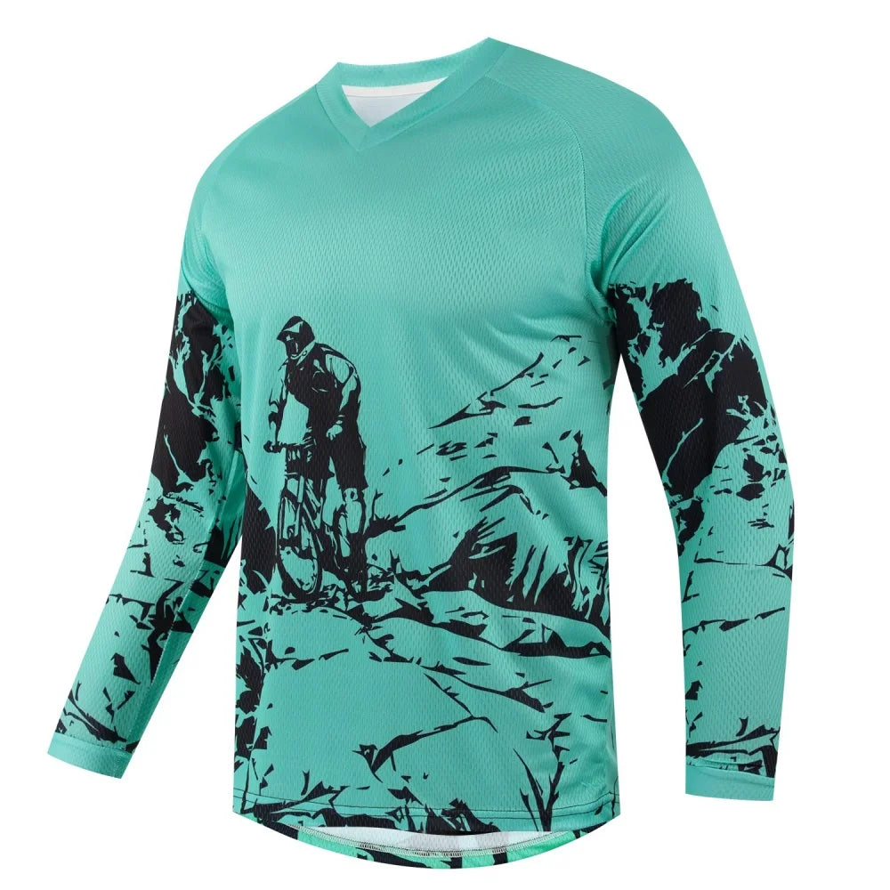 Men's Outdoor Mountain Bike Print Long-Sleeve Sports T-Shirt Breathable V-Neck for Cycling Fitness Daily Wear