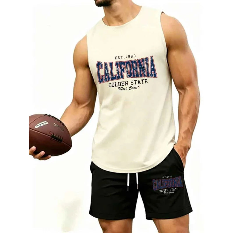 Men's "California Golden State EST.1990" Print 2-Piece Sleeveless Tank Top & Shorts Set, Casual West Coast Style Athletic Tracks