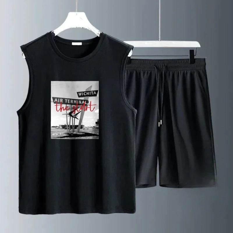 Men's Tank Top Sets 2026 Summer Quick drying running drip clothing seaside clothing set Breathable oversize sports  beach