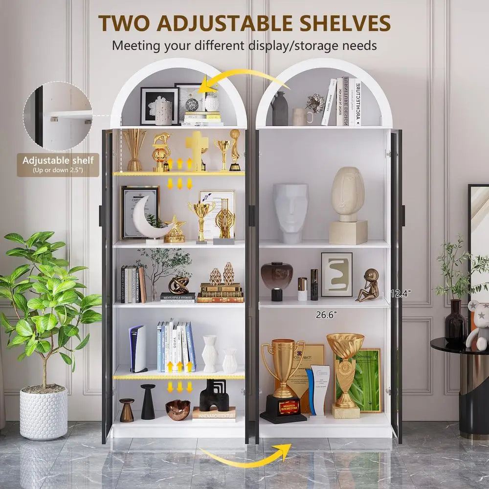 Arched Display Cabinet with Doors, 76 Tall Curio Cabinet with Adjustable Shelves 3 Colors LED Lights, 6 Tier Display Case for C