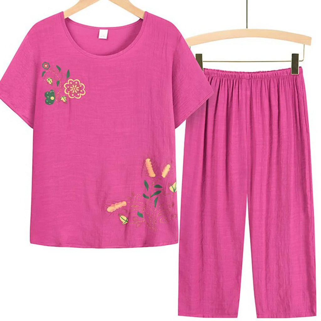 Middle-aged elderly women's short-sleeved t-shirt mother suit loose large size cotton linen two-piece suit 2025 new women set