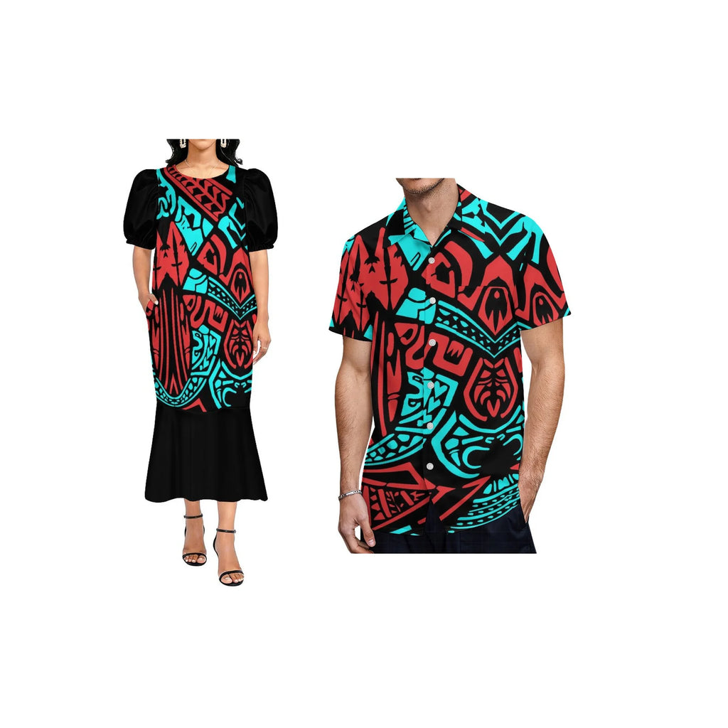 Custom Pacific Isalnd Design Couple Clothing Micronesia Muumuu Dress Women Fishtail Mumu Dress and Hard Collar Men Casual Shirt