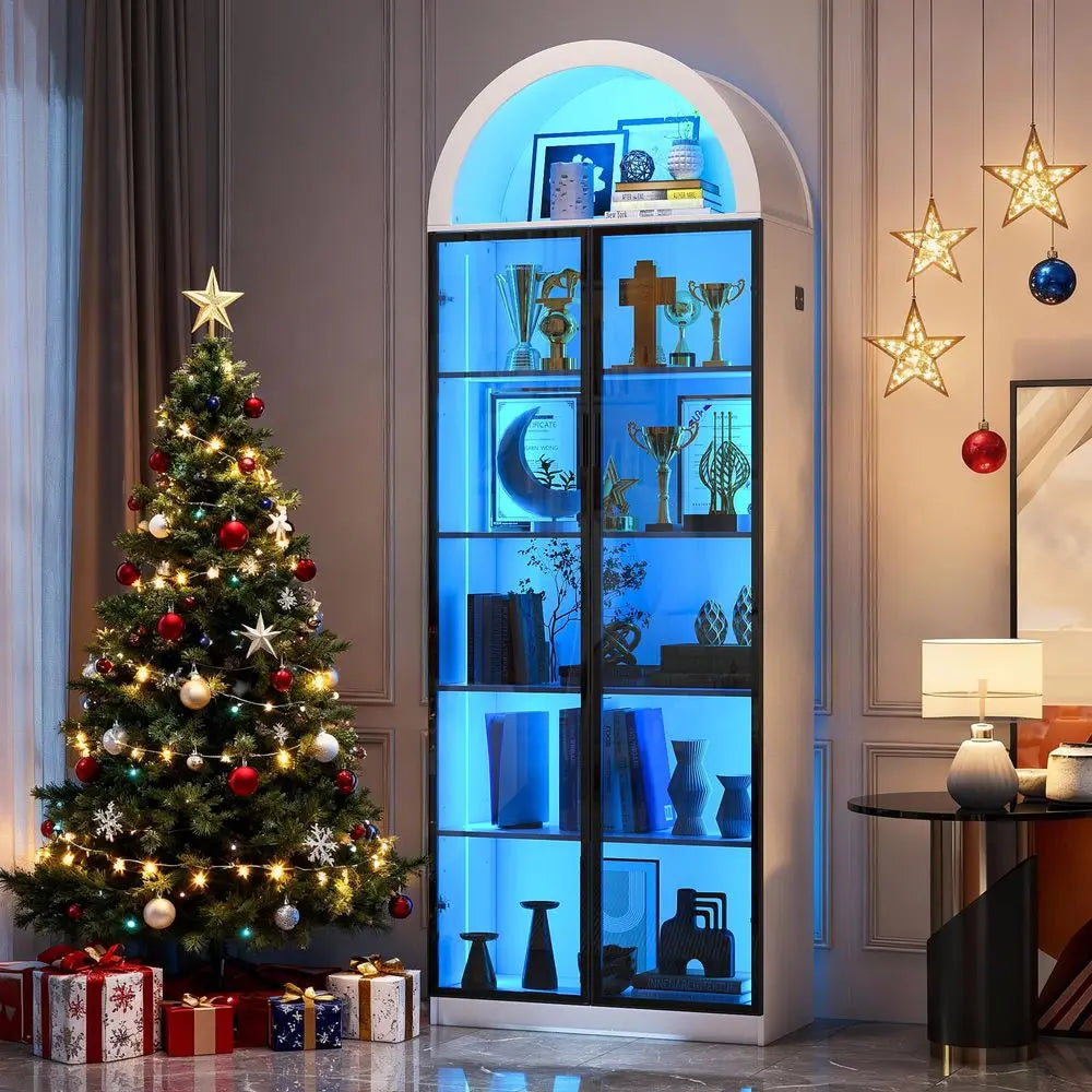 Arched Display Cabinet with Doors, 76 Tall Curio Cabinet with Adjustable Shelves 3 Colors LED Lights, 6 Tier Display Case for C