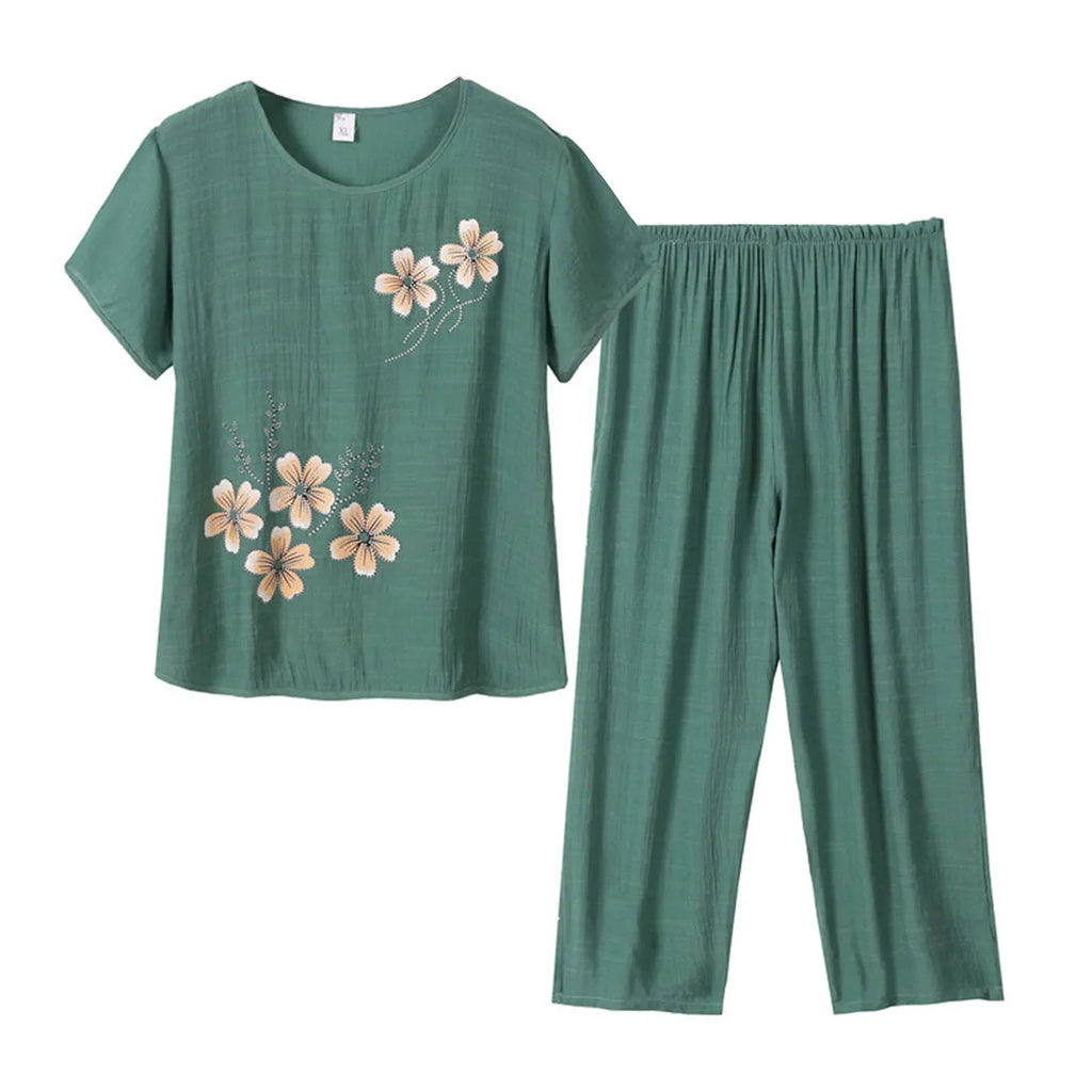 Middle-aged elderly women's short-sleeved t-shirt mother suit loose large size cotton linen two-piece suit 2025 new women set