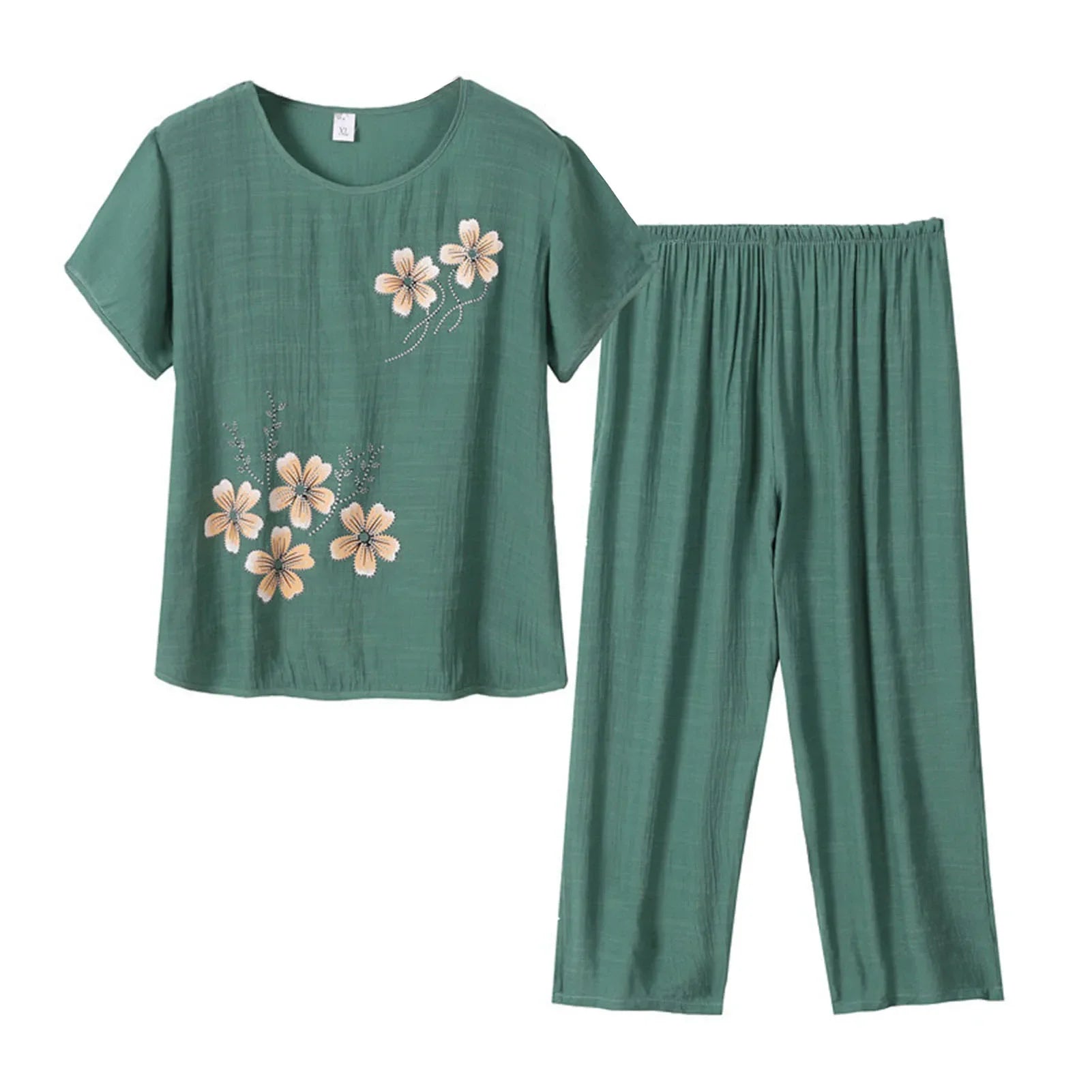 Middle-aged elderly women's short-sleeved t-shirt mother suit loose large size cotton linen two-piece suit 2025 new women set