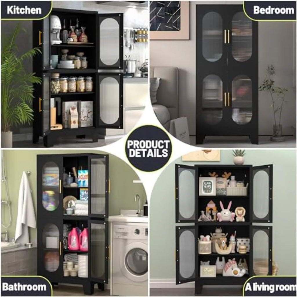 61" Black Pantry Storage Cabinet, Kitchen Pantry Cabinet with Acrylic Glass Doors and Shelves, with Adjustable Leveling