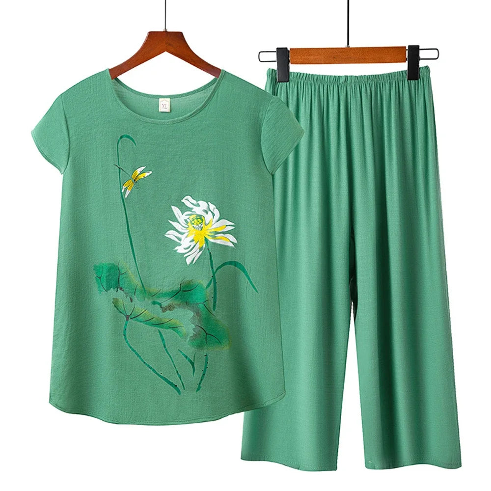 Middle-aged elderly women's short-sleeved t-shirt mother suit loose large size cotton linen two-piece suit 2025 new women set
