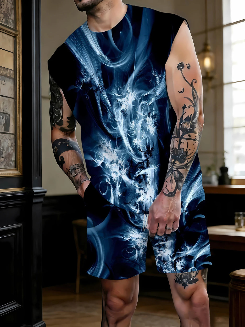 Men's Summer Sleepwear Set Sleeveless Top and Shorts Breathable Polyester Pajamas EU Size M-XXXL