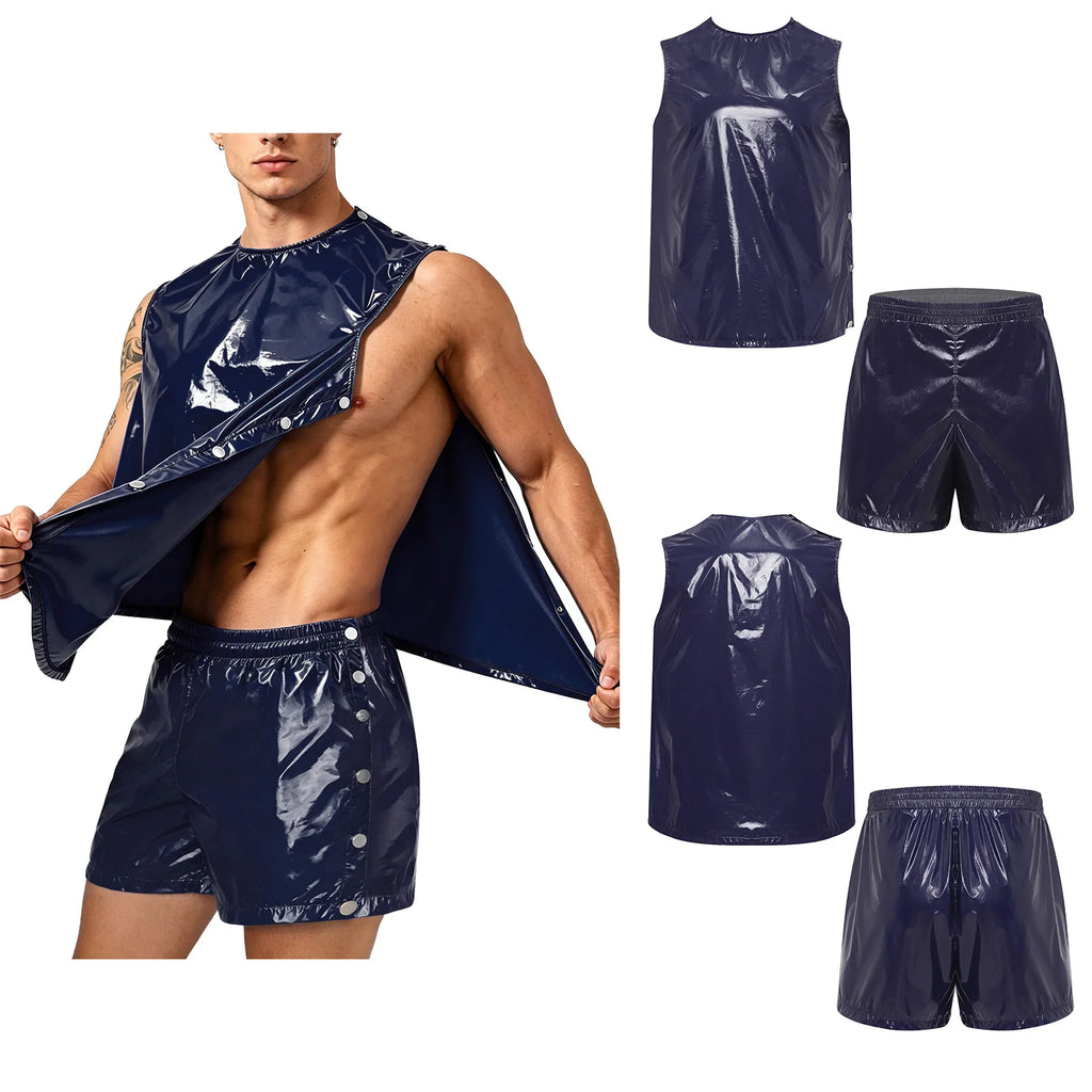 Men Waterproof Sweat 2 Piece Set Tank Top and Side Button Boxer Shorts Adaptive Clothing Quick Dry Breathable for Special Needs