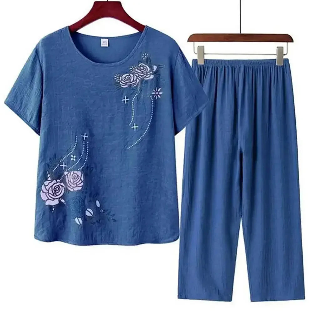 Middle-aged elderly women's short-sleeved t-shirt mother suit loose large size cotton linen two-piece suit 2025 new women set