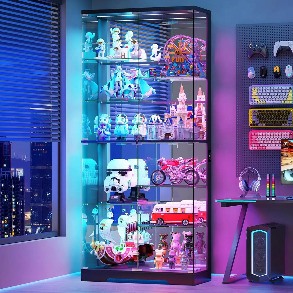 67''H Corner Curio Cabinet - with Glass Door, Lockable Glass Display Cabinet with RGB Motion Sensor Light, 5-Tier, Customized