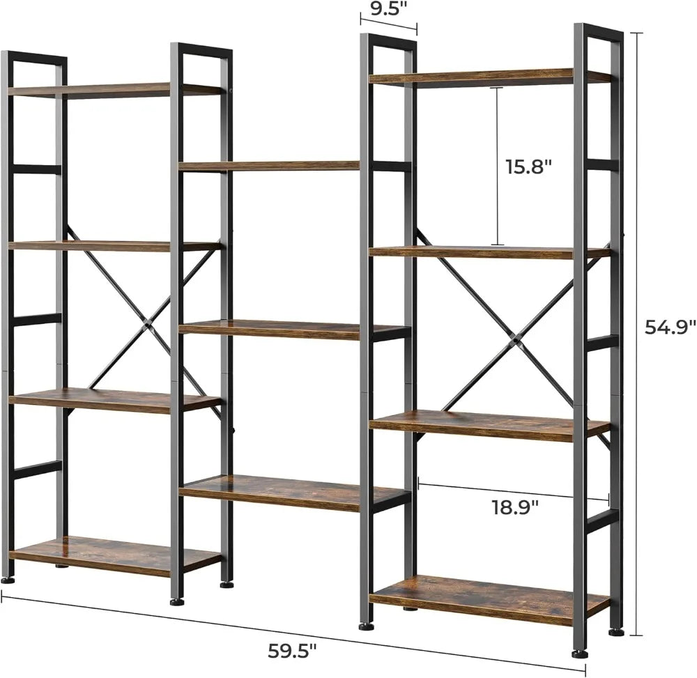 Triple Bookshelf with 11 Open Shelves, 4-Tier Wide Bookcase for Home & Office, Brown
