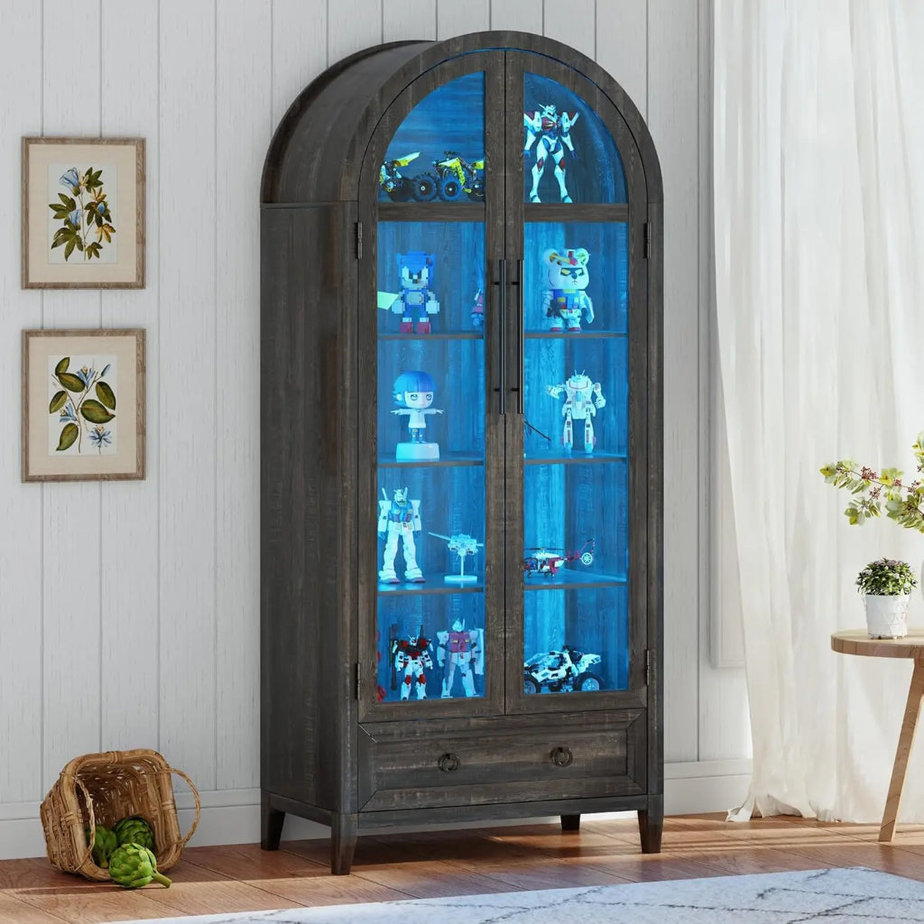 67''H Corner Curio Cabinet - with Glass Door, Lockable Glass Display Cabinet with RGB Motion Sensor Light, 5-Tier, Customized