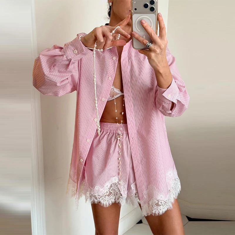Chic Women Office Shirt Set Casual Lace Patchwork Single Breasted Long Sleeve Lapel Female Blouse Short Pant Summer Streetwear