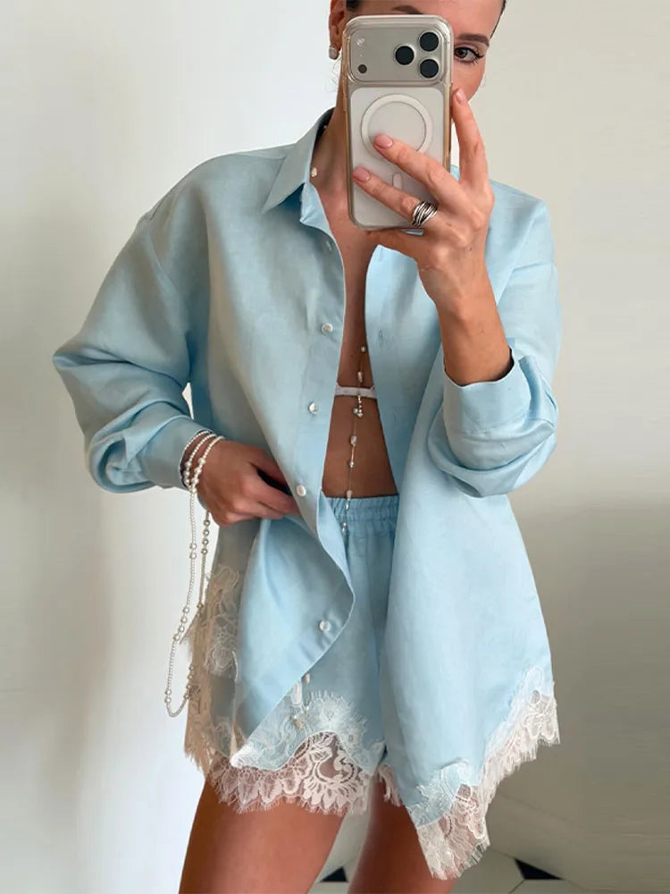 Chic Women Office Shirt Set Casual Lace Patchwork Single Breasted Long Sleeve Lapel Female Blouse Short Pant Summer Streetwear