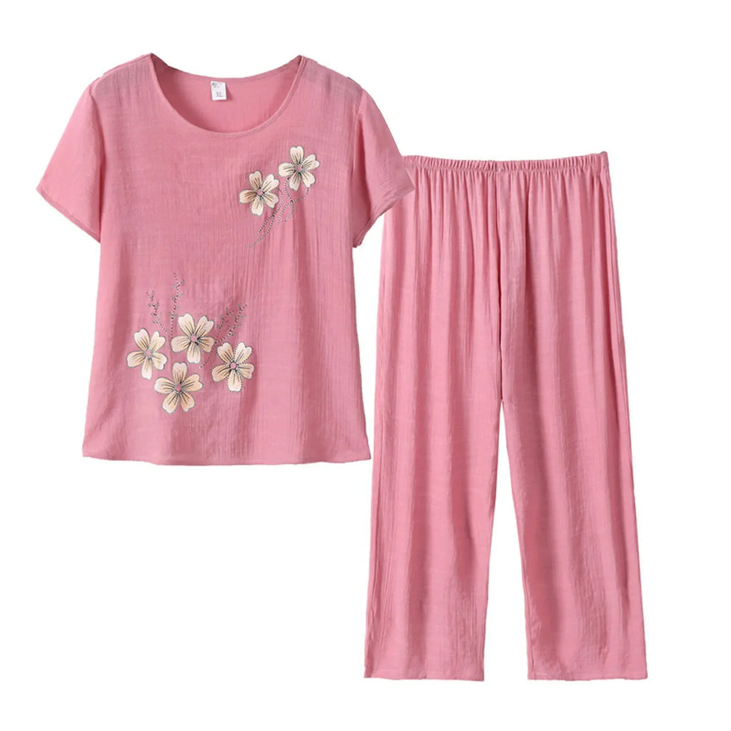 Middle-aged elderly women's short-sleeved t-shirt mother suit loose large size cotton linen two-piece suit 2025 new women set
