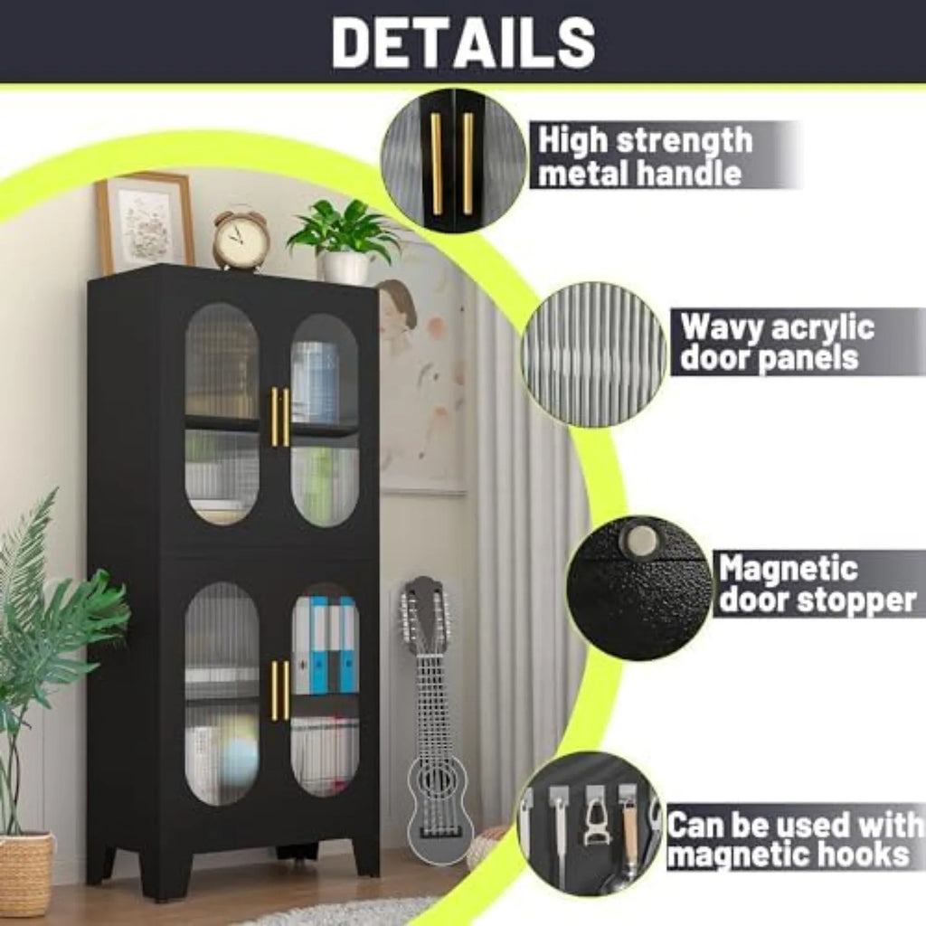 61" Black Pantry Storage Cabinet, Kitchen Pantry Cabinet with Acrylic Glass Doors and Shelves, with Adjustable Leveling