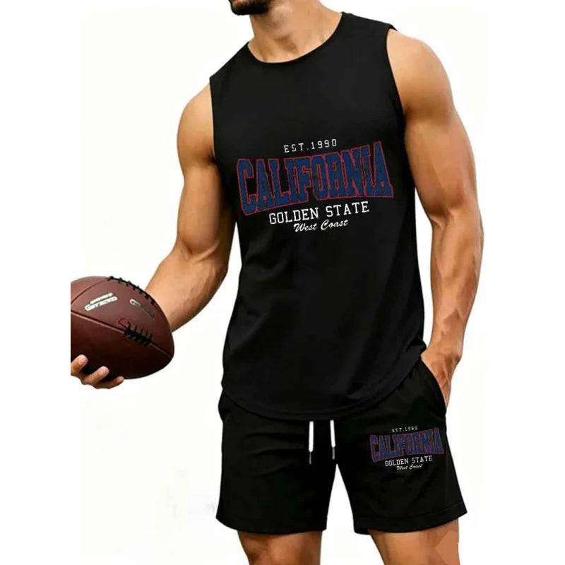 Men's "California Golden State EST.1990" Print 2-Piece Sleeveless Tank Top & Shorts Set, Casual West Coast Style Athletic Tracks