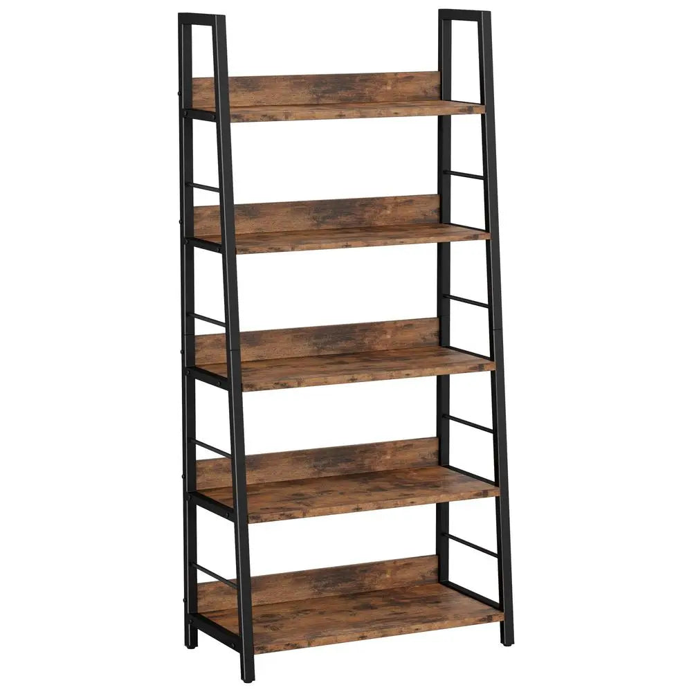 Industrial Bookshelves and Bookcases, Ladder Shelf 5 Tiers with Metal Frame for Living Room, Home Office, Rustics Brown