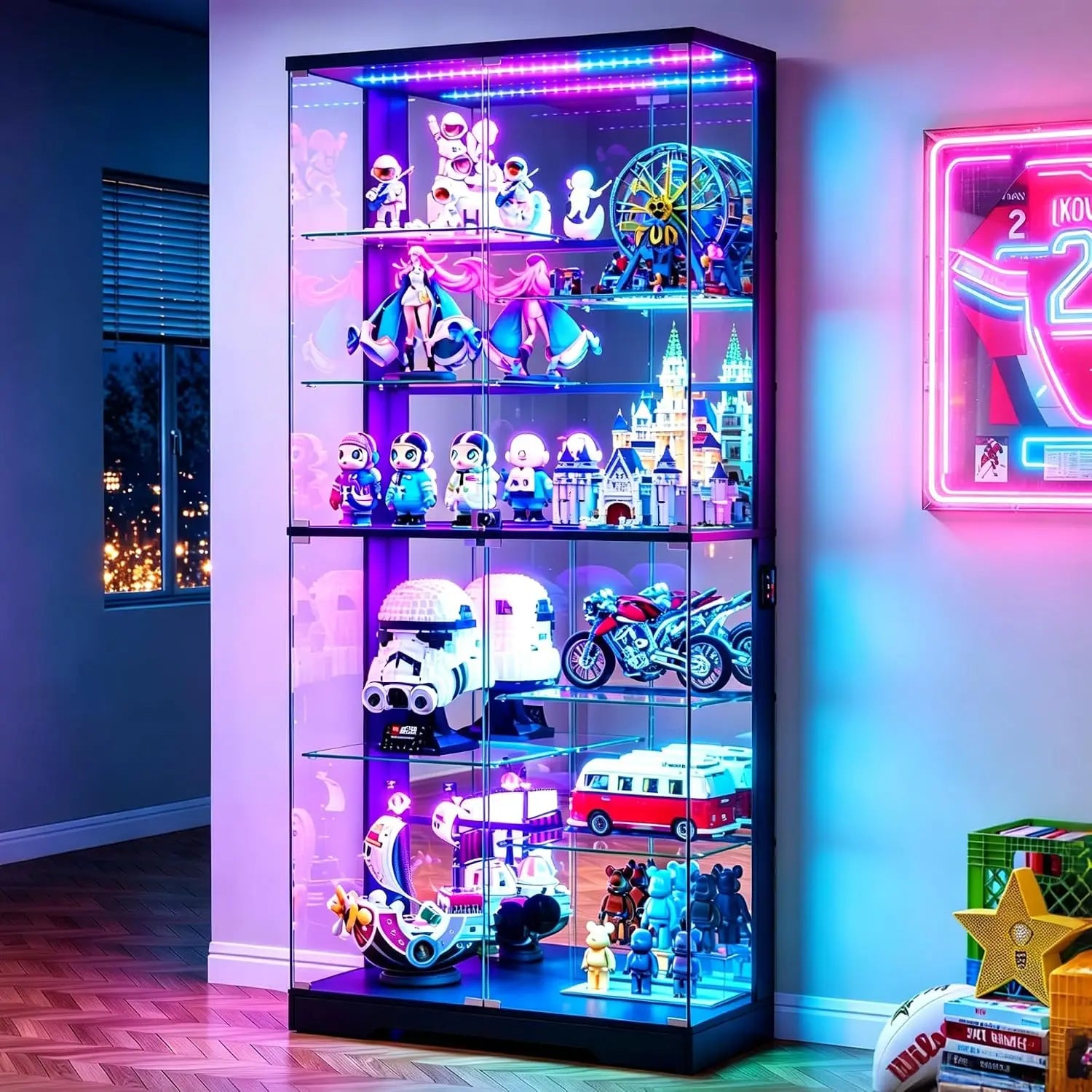67''H Corner Curio Cabinet - with Glass Door, Lockable Glass Display Cabinet with RGB Motion Sensor Light, 5-Tier, Customized