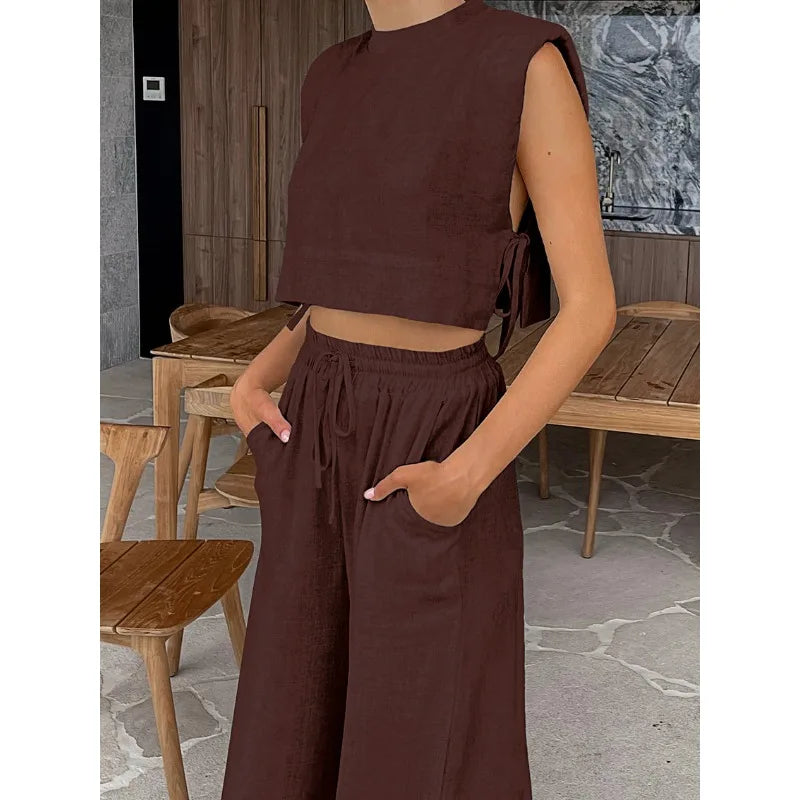 Fashion Cotton and Linen Suit Women's Clothing 2026 Spring and Summer New Shoulder Pads Sleeveless Top Trousers Two-piece Set