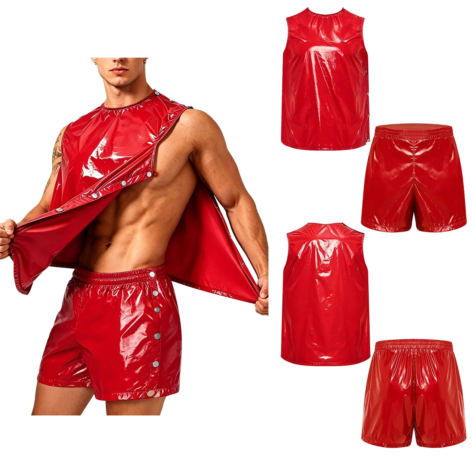 Men Waterproof Sweat 2 Piece Set Tank Top and Side Button Boxer Shorts Adaptive Clothing Quick Dry Breathable for Special Needs