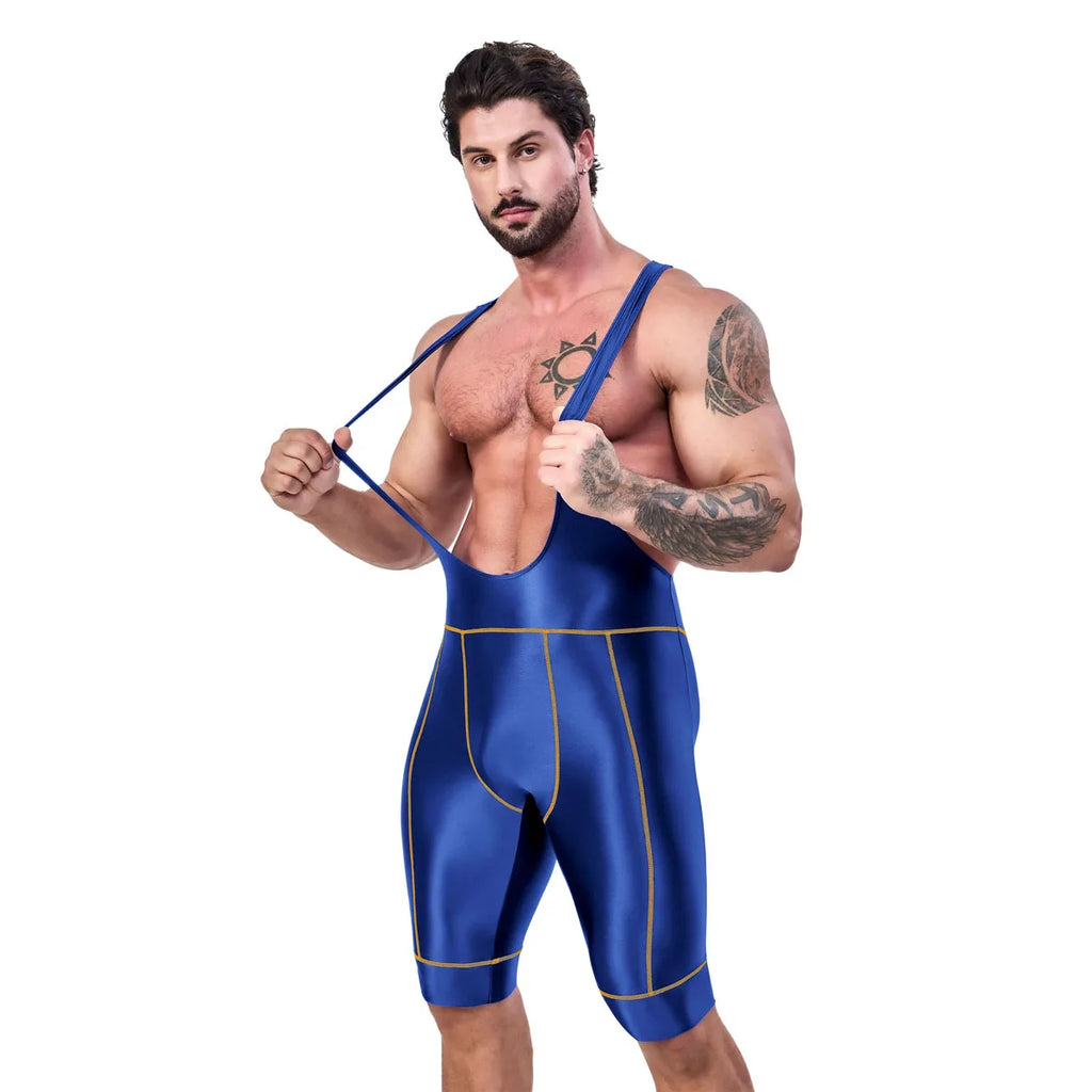 AMORESY Octavian Men Glossy Elastic Spandex Cycling Fitness Gymnastic Fitness Tracksuits Jumpsuits Activewear Bodysuits Swimwear